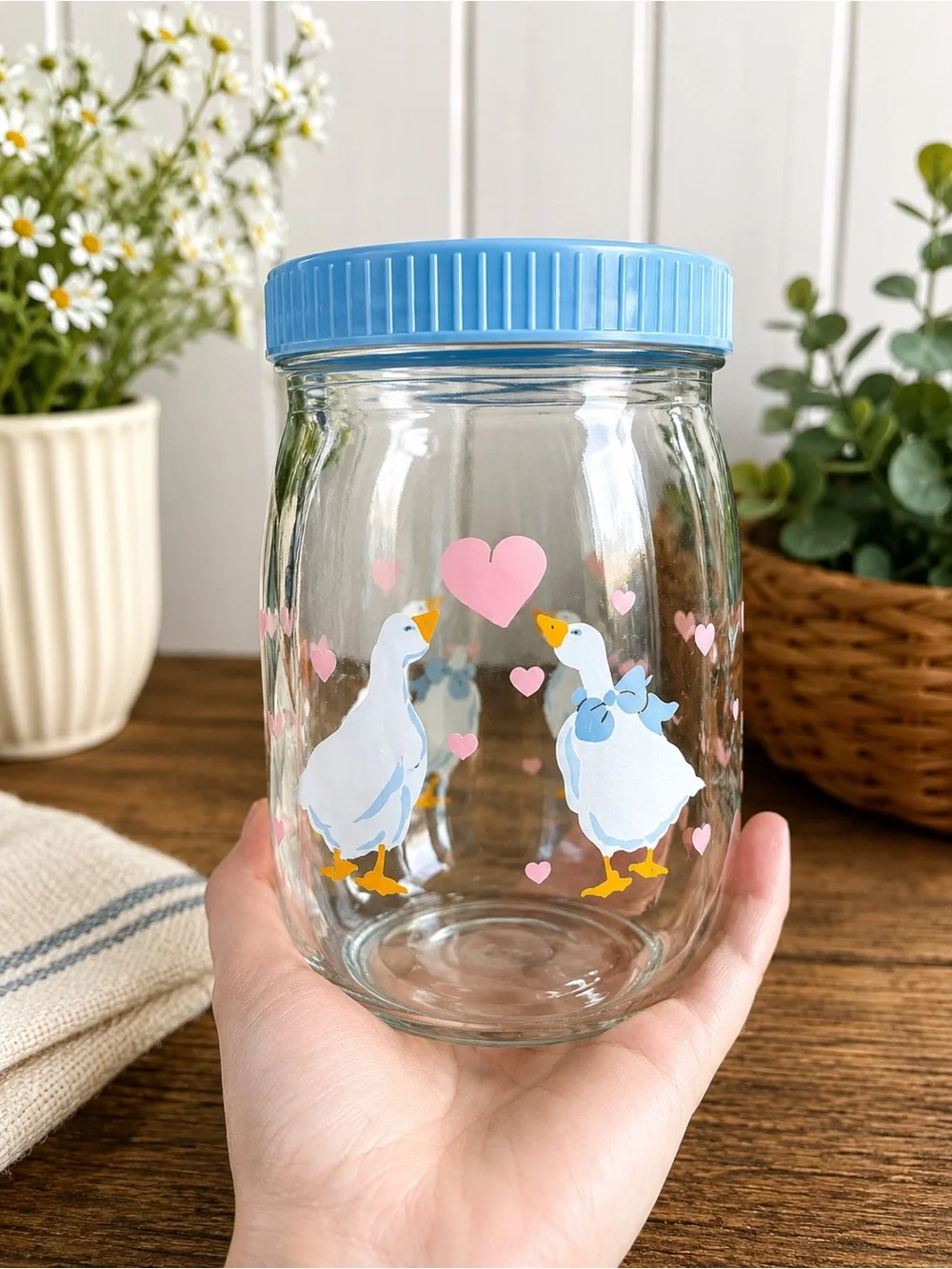 Vintage Duck Glass Jar with Blue Lid and Pink Hearts